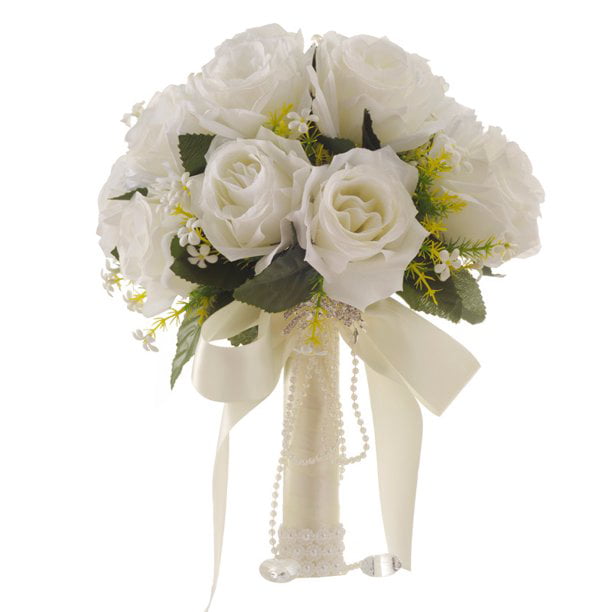 Gold Luxury Wedding Bride Bouquet Artificial Flowers 25 Roses &pearls White